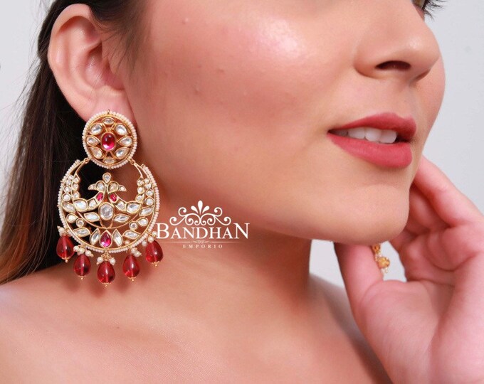 High quality Kundan Chandbali with red semiprecious bead drops, Bandhanemporio