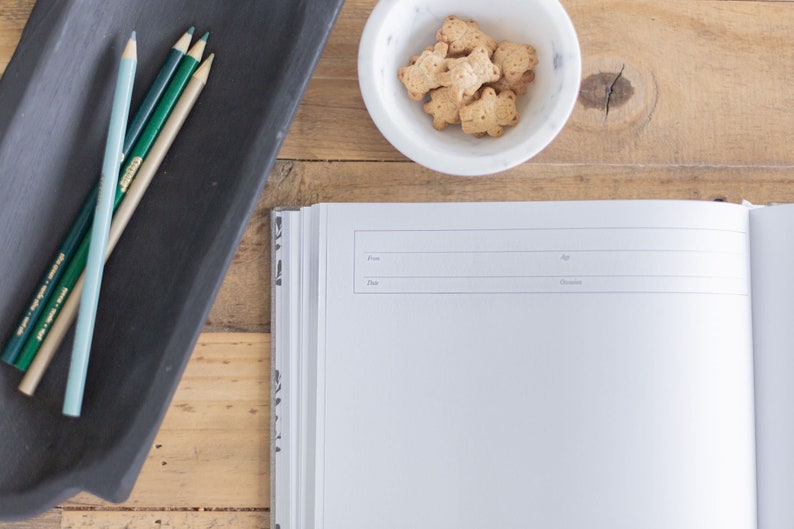 May include: A blank, white journal with a black spine and a black tray of colored pencils. The journal has lines for "From", "Day", "Age", and "Occasion".