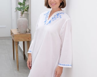 Long Sleeve Cotton Nightdress with Embroidery
