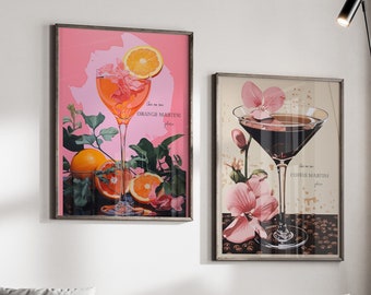 2er Set Kaffee Martini Wandkunst Orange Martini Wandkunst Dekor Bar Kunst Küche Martini Wanddekoration Cafe Art Print für Airbnb Getränke Wandkunst