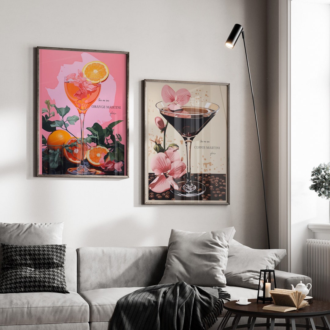 Set of 2 Coffee Martini Wall Art Orange Martini Wallart Decor Bar Art