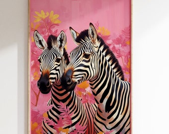Arte de pared de cebra Fondo rosa Arte de pared Decoración de pared de vida silvestre floral para sala de estar Wallart de vida salvaje para Airbnb Zebra Wall-art para entrada