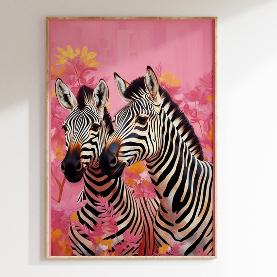 Zebra Wall Art Pink Background Wall-Art Floral Wildlife Wall Decor For Living Room Wild-life Wallart for Airbnb Zebra Wall-art for Entry way