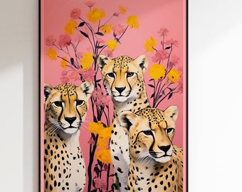 Cheetah Wall Art Pink Group of 3 Wall-Art AnimalWildlife Wall Decor para sala de estar Wild-life Wallart para Airbnb Wall-art para decoración de entrada
