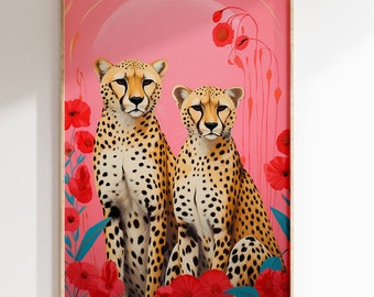 Cheetah Wall Art Red Floral Group of 2 Wall-Art AnimalWildlife Wall Decor Living Room Wild-life WallArt para Airbnb Wall-art para entrada dec