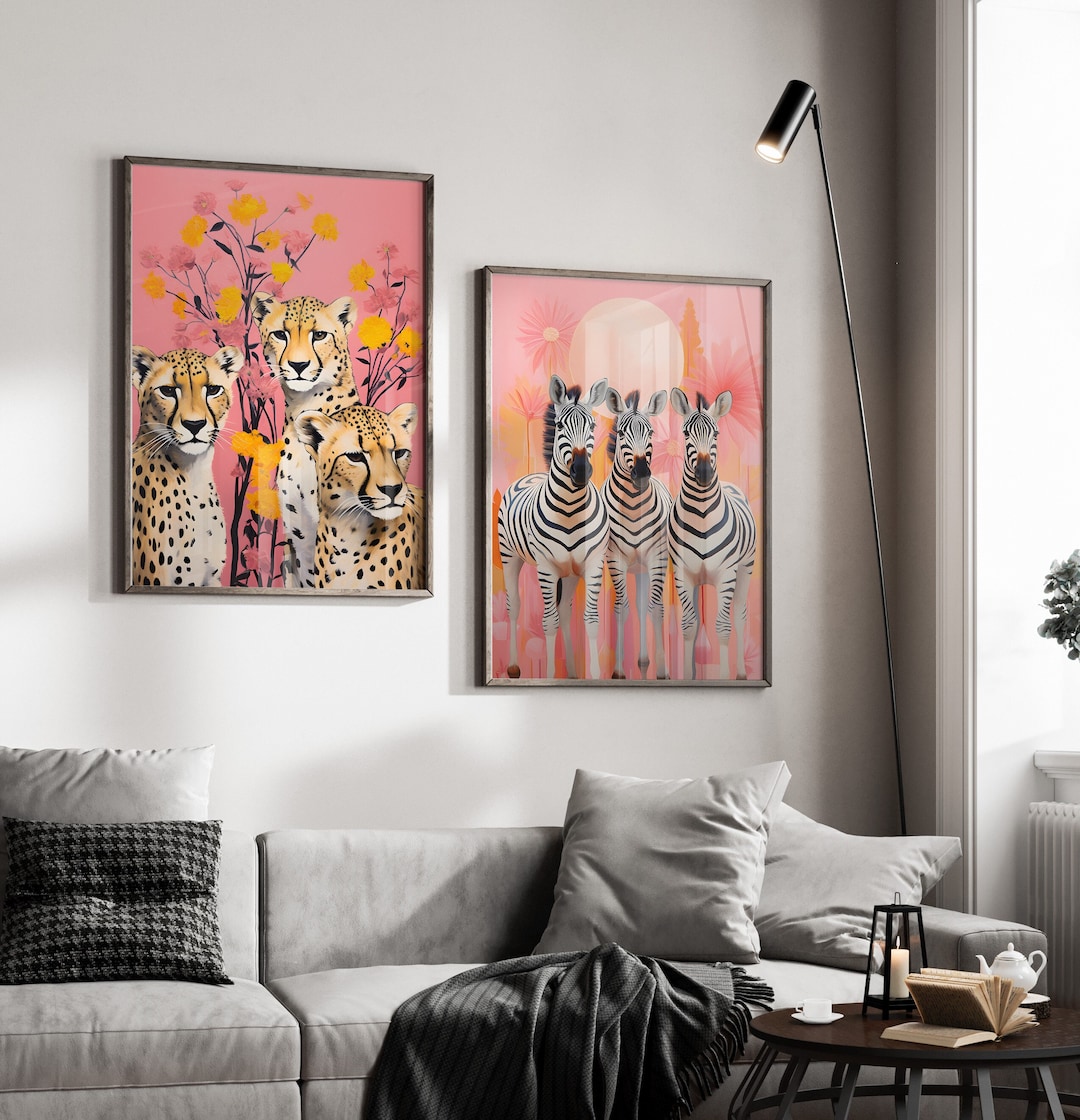 Set of 2 Wild Animal Wall Art Print Zebra Wallart Cheetah Wallart Digital Prints for Airbnb