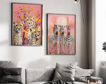 2er Set Wild Tier Wand Kunst Zebra Wandkunst Gepard Wandkunst Digitaldrucke für Airbnb Wohnzimmer Wand Dekor Tier Art Prints Combo