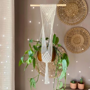 May include: A cream-coloured macrame plant hanger suspended from a light-coloured wooden dowel. The hanger features intricate knotted patterns and holds a round, amber-toned ceramic pot containing a trailing green pothos plant with long vines.