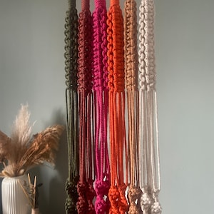 May include: A selection of macrame plant hangers in shades of green, pink, orange, and neutral tones. Each hanger has a wooden ring at the top and knotted detailing. The hangers are displayed against a pale green wall. The macrame plant hangers are ideal for indoor decor.
