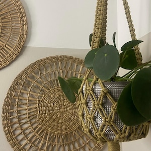 Net Macrame Plant Hanger, 31” Recycled Cotton Boho Decor, Indoor Hanging Planter