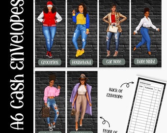 May include: A set of six colorful envelopes with illustrations of women in different outfits. Each envelope has a category label: Groceries, Household, Car Note, Date Night, Broke Bestie, and Luxury. The back of the envelope has a section for tracking expenses.