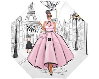 Pink Paris Girl Umbrella, KeeNicole Planner, Diva, Woman, African American Umbrella, Black Girl,