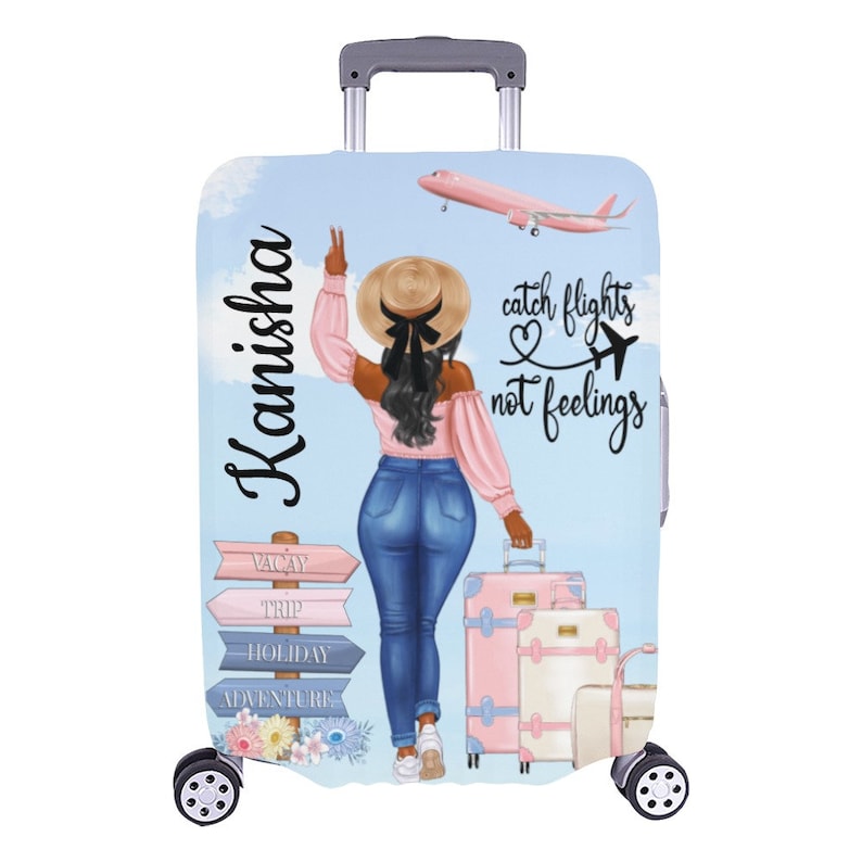 Travel Girl Luggage Cover, Black Girl, African American, Black Woman, Luggage Protector, Boss Chic, Suit Case Covers, Personalized, Flights image 5