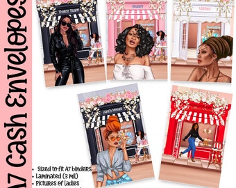 May include: Five illustrated envelopes with different cafe scenes. Each envelope features a woman in a different outfit and a cafe with a sign above it. The signs read "Thirst Trapp", "Lunch Money", "Beauty", "Utilities", and "Coffee Shop". The envelopes are sized to fit A7 binders and are laminated. The text "Meet me at the cafe" is at the bottom of the image.