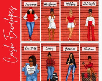 May include: A set of 10 printable cash envelope designs featuring cartoon illustrations of women in various outfits and poses. Each envelope is labeled with a different category, such as "Insurance", "Mortgage", "Utilities", "Date Night", "Car Note", "Crafting", "Groceries", and "Christmas".