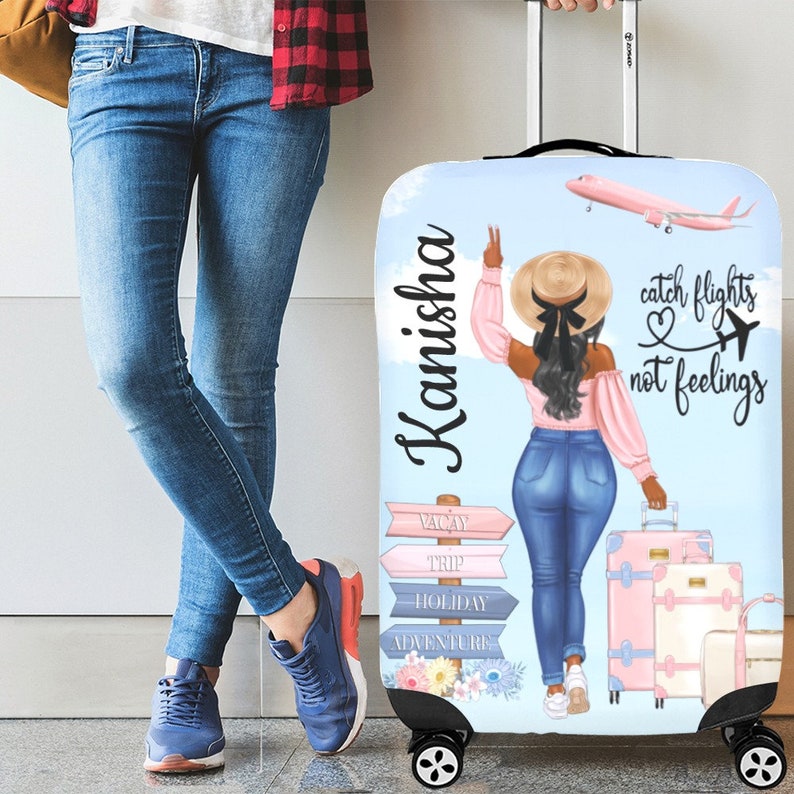 Travel Girl Luggage Cover, Black Girl, African American, Black Woman, Luggage Protector, Boss Chic, Suit Case Covers, Personalized, Flights image 4