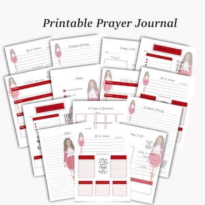 Op de afbeelding: Printbare gebedsdagboekpagina's met een rood-wit kleurenschema. De pagina's bevatten een verscheidenheid aan secties om in te schrijven, waaronder "Ga naar de verzen", "Schriftstudie", "SOAP Bijbelstudie", "Vandaag zal ik", "30 dagen dankbaarheid" en "Notities". De pagina's zijn versierd met illustraties van een vrouw in een rode jurk.