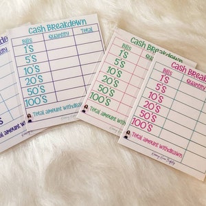 May include: Four white cards with a cash breakdown chart. The chart has columns for bills, quantity, and total. The bills are 1's, 5's, 10's, 20's, 50's, and 100's. The cards are on a white fuzzy surface.