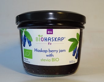 Haskap berry jam with BIO stevia, BIOHASKAP ® Fit, 200g. No sugar added. Perfect for spreading on bread, pancakes or waffles.