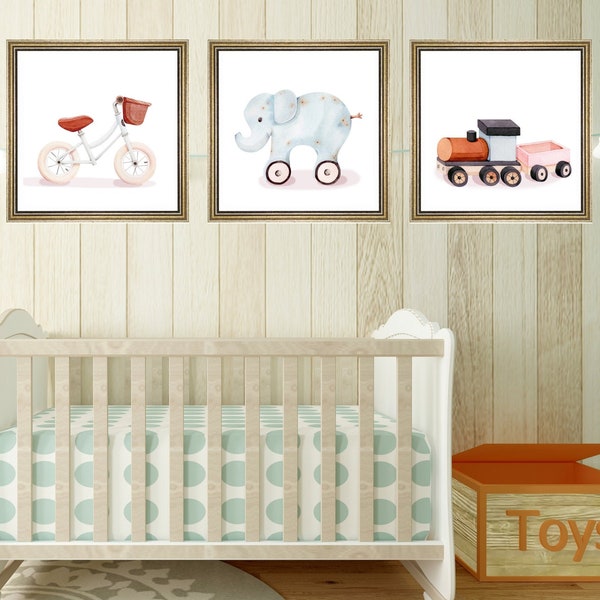 Vintage Inspired Watercolor Nursery Printables - Boy Nursery Downloadable PDFs - Bohemian Bicycle Picture - Wooden Train - Blue Elephant