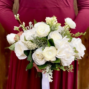 White garden bridal bouquet, Rose, Peony, Corsage, Silk wedding flowers, Bridesmaid bouquet, Eucalyptus Greenery, Artificial Flowers