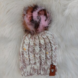 Luxury hand knitted hat, beanie, pom pom hat, pink hat, pink beanie, leopard pom pom, gift for her