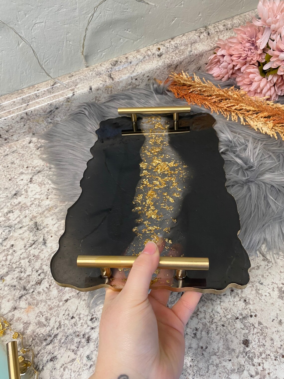 Large handmade resin tray with handles. Geode agate tray Etsy