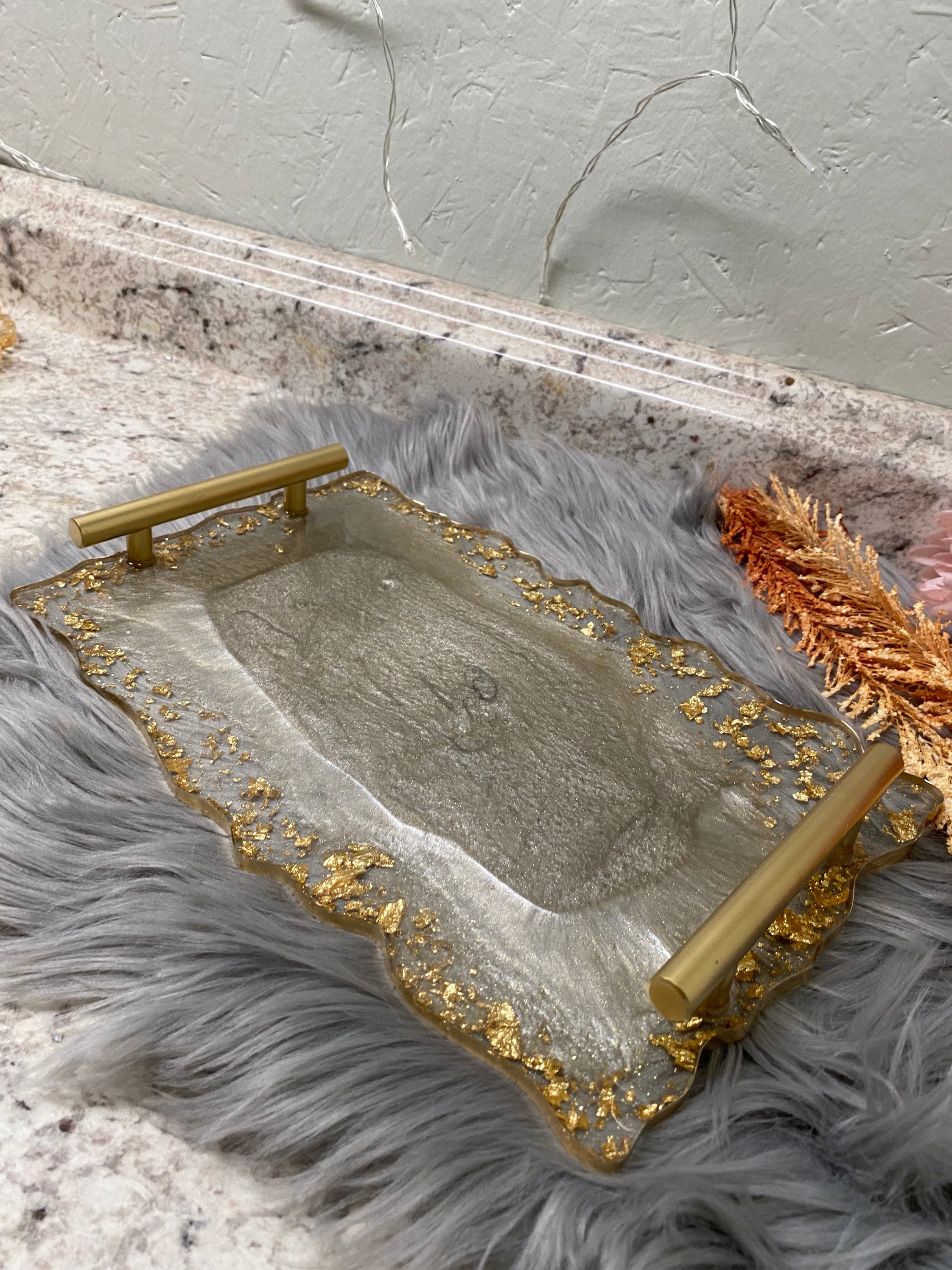 Resin tray with handles. Geode agate tray. Vanity tray. Bronze Etsy
