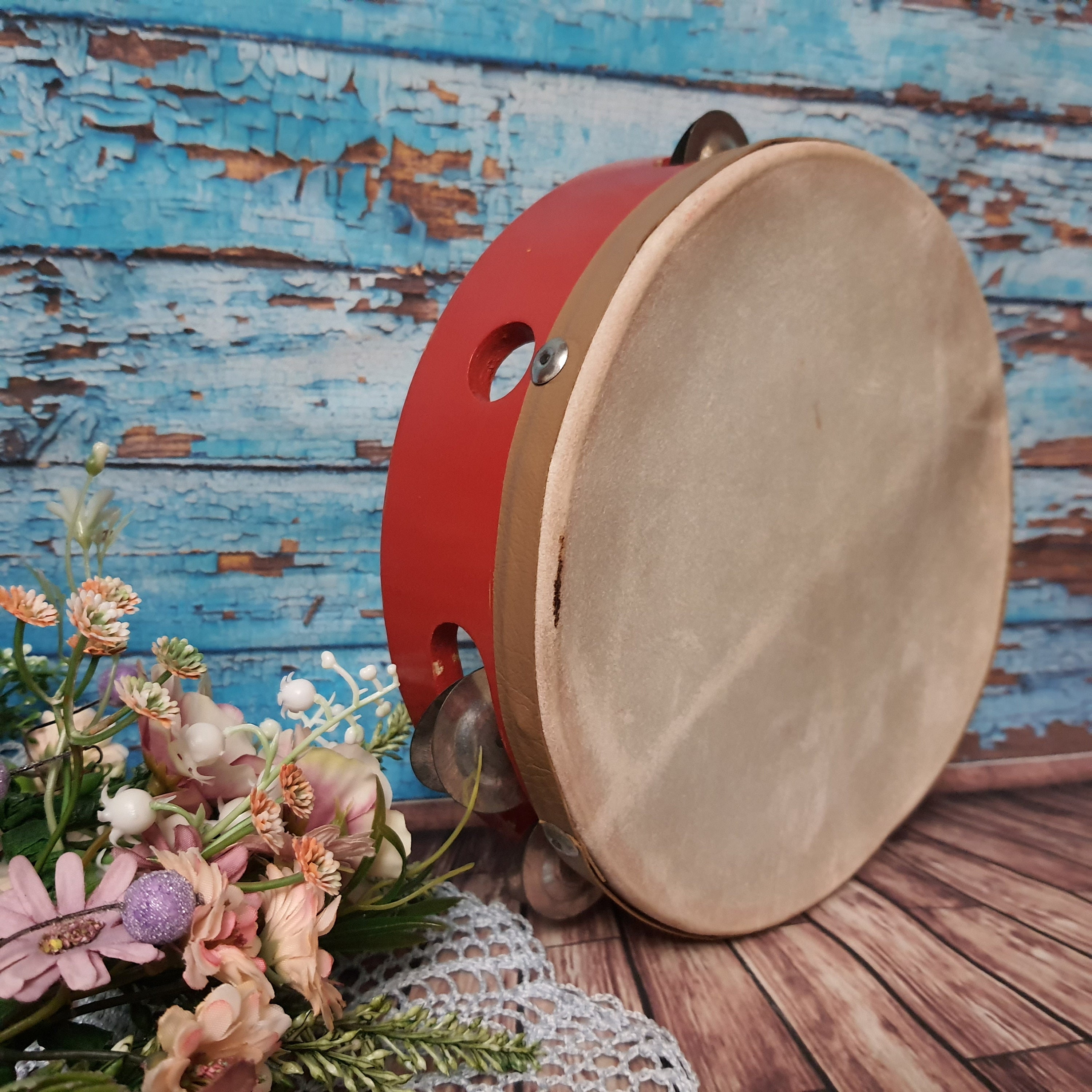 Old musical instrument tambourine. Wedding folk percussion Etsy