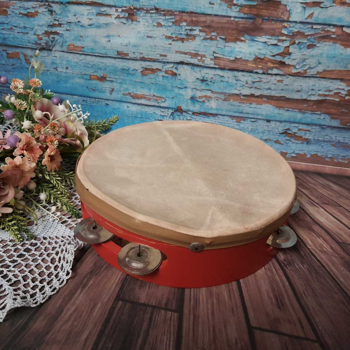 Old musical instrument tambourine. Wedding folk percussion Etsy
