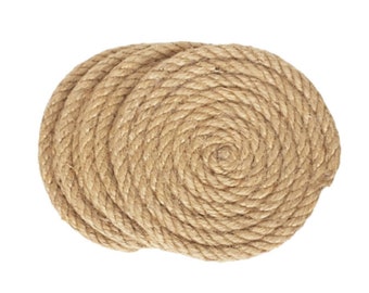 May include: A close-up of a coiled rope coaster made of natural jute fiber. The rope is tightly wound in a spiral pattern, creating a rustic and textured surface.
