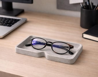 Concrete Eyeglass Holder Tray, Minimal Glasses Organizer, Round or Square Desk Tray, Handmade Modern Office Decor