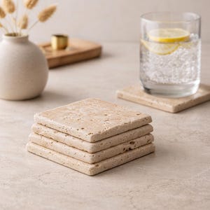 Travertine Coaster Set of 4, Natural Stone Drink Coasters with Cork Backing, Rustic Handmade Home Decor Gift image 6