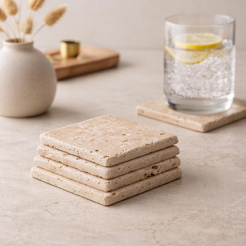 Travertine Coaster Set of 4, Natural Stone Drink Coasters with Cork Backing, Rustic Handmade Home Decor Gift image 6