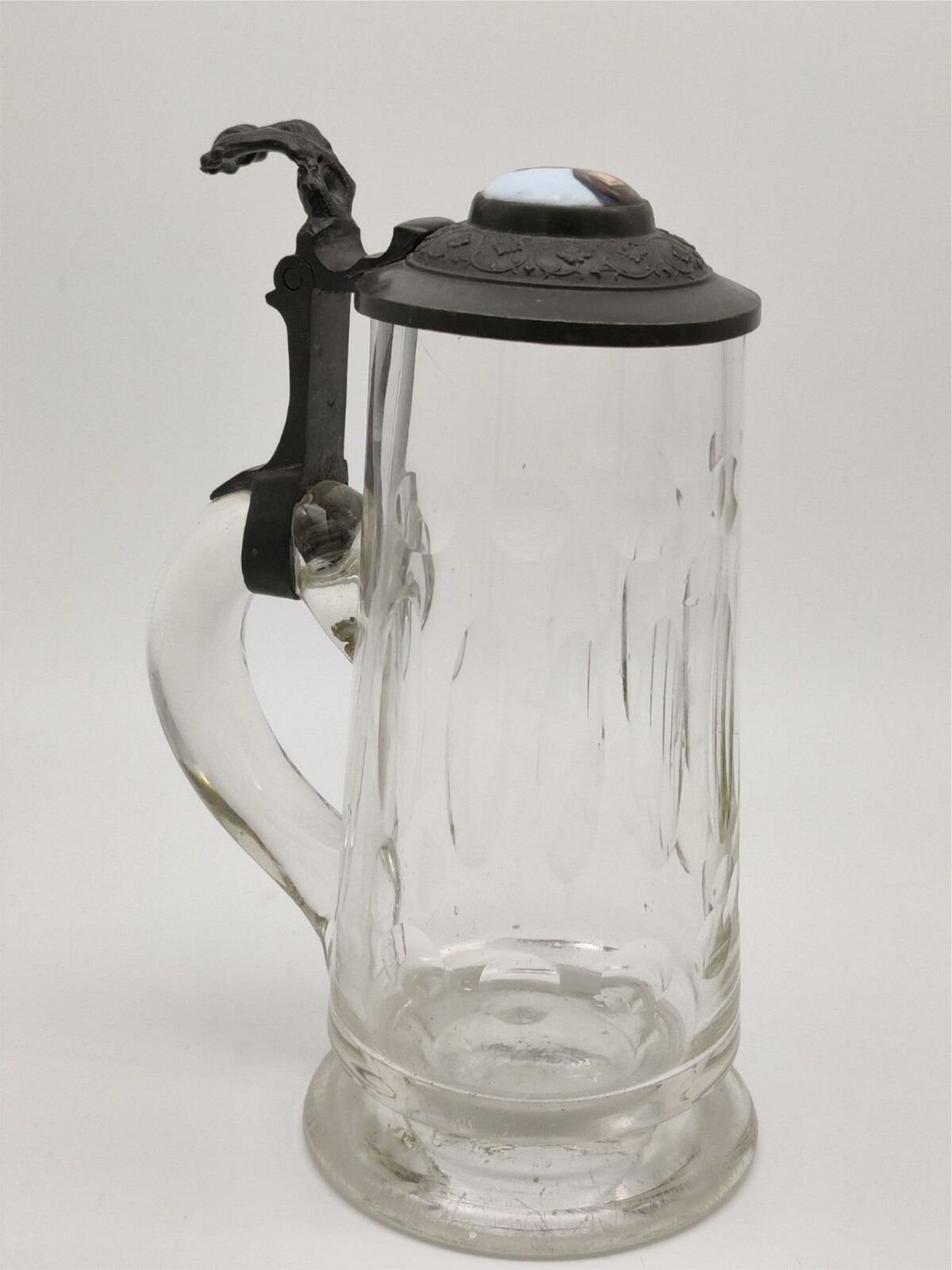 Antique German Glass Beer Stein with Enamel Porcelain Pewter Etsy