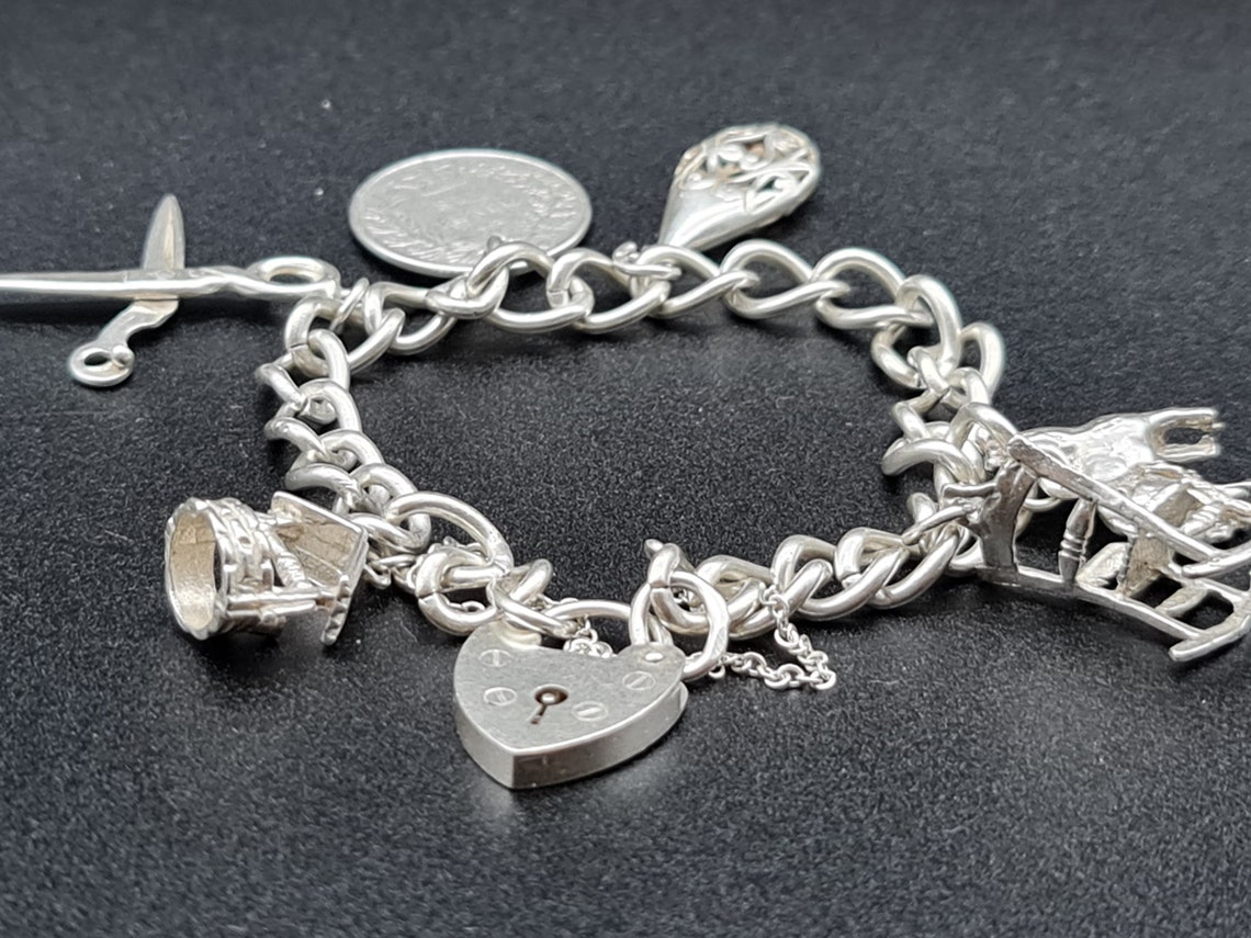 Vintage Solid Silver Charm Bracelet with 6 Charms & Lock Etsy