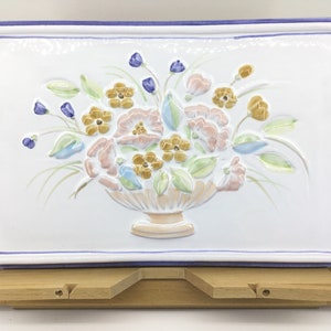 Beautiful Italian Floral Hand Painted Relief Ceramic Panel 8.25&quot;x12.5&quot;