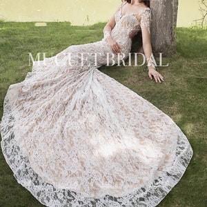Long Sleeve Lace Mermaid Wedding Dress - Trumpet Sweetheart Wedding Dress - Lace Fit & Flare Wedding Dress - Open Back Lace Wedding Gown