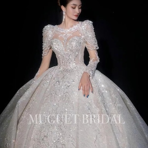 Luxury Fairytale Long Sleeve Beaded Wedding Dress- Sparkly Lace Princess Ball Gown Wedding Dress - Glam Illusion Neck Beaded Wedding Dress