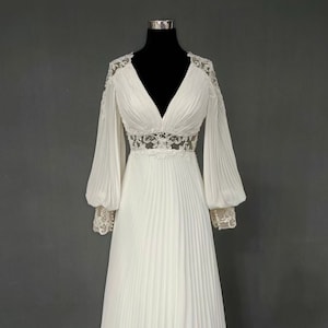 Elegant Simple Long Sleeve V Neck Wedding Dress - Puff Sleeve Boho Wedding Dress - Simple Chiffon A Line Wedding Dress - Beach Wedding