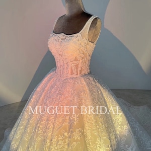 Luxury Lace Beaded Ball Gown with Square Neckline - Princess Glam Lace Ball Gown with Beadings - Classic Square Neck Sleeveless Wedding Gown