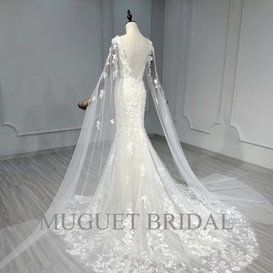 Deep V Lace Fit And Flare Wedding Dress - Lace Mermaid Wedding Dress - Trumpet Lace Wedding Dress - Unique Long Sleeve Mermaid Wedding Gown