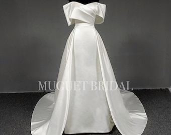 Off the Shoulder Satin Wedding Dress - A Line Satin Wedding Dress - Minimalist Elegant Satin Wedding Gown - Beach Wedding Satin Bridal Gown