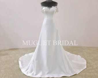 Elegant Off the Shoulder A Line Satin Wedding Dress - Minimalist Satin Sweetheart Wedding Gown - Satin A Line Wedding Dress - Simple Gown