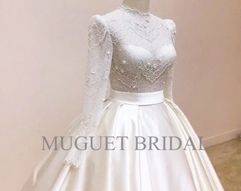 Vestido de novia de cuello alto - Vestido de gala de satén con corpiño de encaje y manga larga - Vestido de novia de cuello alto y manga larga - Vestido de novia de encaje con manga larga