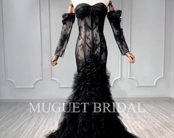Black Off the Shoulder Long Sleeve Mermaid Lace Wedding Dress - Sweetheart Black Mermaid Dress - Black Lace Evening Dress - Evening Gown