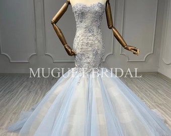 DAVID Tutera Blue Wedding Dress// Drop Waist//mermaid// Train// Taffeta// Tulle//sweetheart// Strapless// Lace//beaded Sequin Corset//
