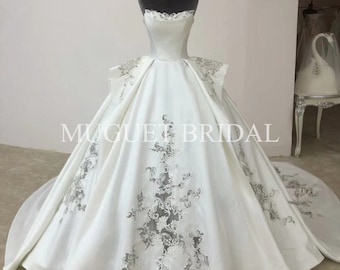 Gorgeous Satin Strapless Lace Ball Gown - Straight Neckline Ball Gown Satin Wedding Dress - Classic Luxury Satin Ball Gown Wedding Dress