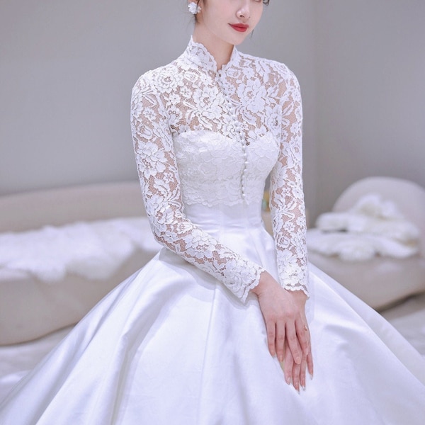 Grace Kelly Wedding Dress - Long Sleeve Wedding Dress - High Collar Wedding Dress - Modest Wedding Dress - Ball Gown - Satin Wedding Dress