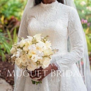A Line Classic High Collar Full Lace Wedding Dress - Elegant Long Sleeve Lace Wedding Dress - High Neck Gown - Vintage Lace Wedding Dress